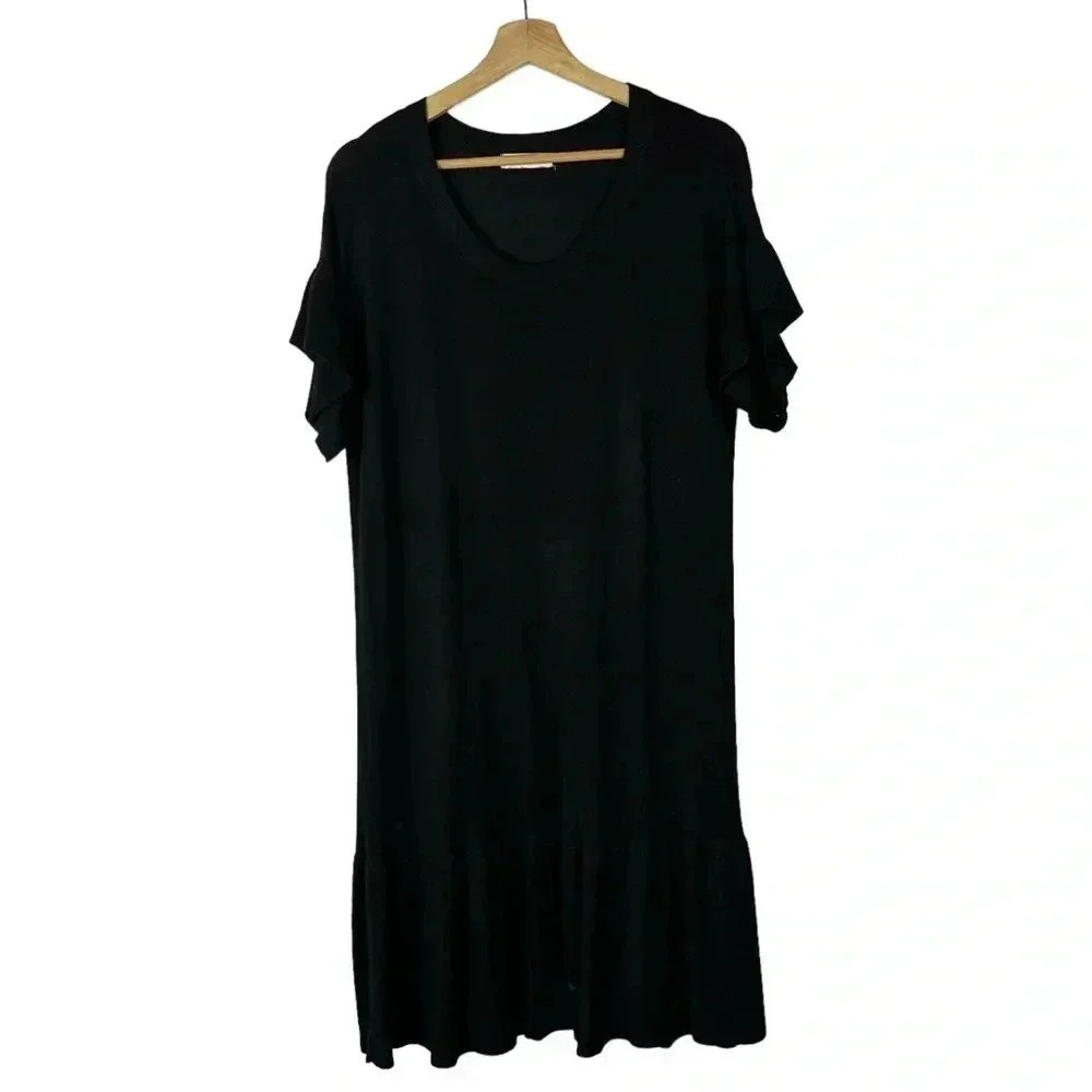 All:Row Black Ribbed Short Flutter Sleeve Knee Length Dress M